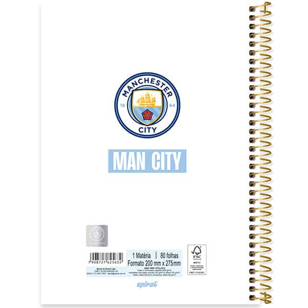 Caderno Universitário Capa Dura, 1 x 1, 80 Folhas, Manchester City, 2525632, Spiral Mc - PT 1 UN