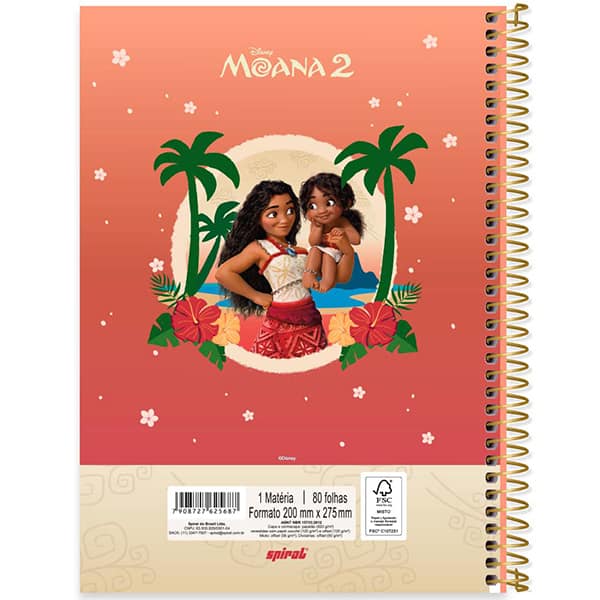 Caderno Universitário Capa Dura, 1 x 1, 80 Folhas, Moana, 2525687, Spiral Moa - PT 1 UN