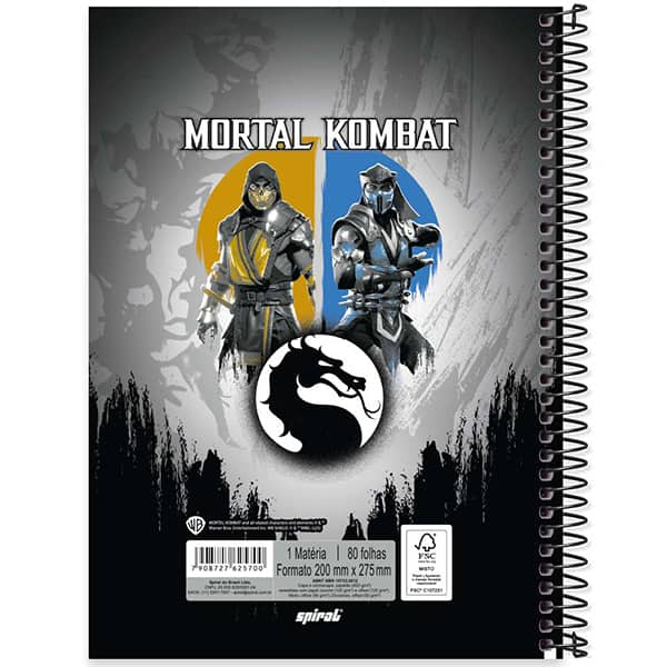 Caderno Universitário Capa Dura, 1 x 1, 80 Folhas, Mortal Kombat, 2525700, Spiral Mtk - PT 1 UN