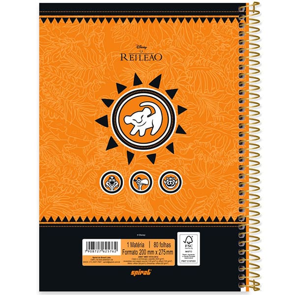 Caderno Universitário Capa Dura, 1 x 1, 80 Folhas, Rei Leão, 2525762, Spiral Rei - PT 1 UN