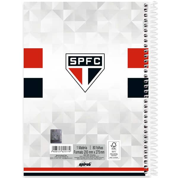 Caderno Universitário Capa Dura, 1 x 1, 80 Folhas, São Paulo Futebol Clube, 2525779, Spiral SPFC - PT 1 UN