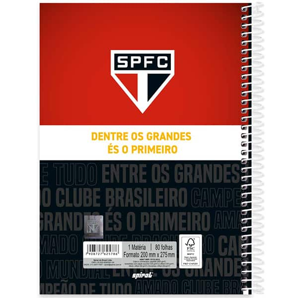 Caderno Universitário Capa Dura, 1 x 1, 80 Folhas, São Paulo Futebol Clube, 2525786, Spiral SPFC - PT 1 UN