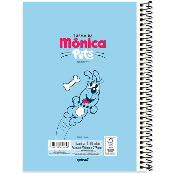 Caderno Universitário Capa Dura 1x1 80 Folhas Turma da Mônica Pets Bidu Spiral - PT 1 UN