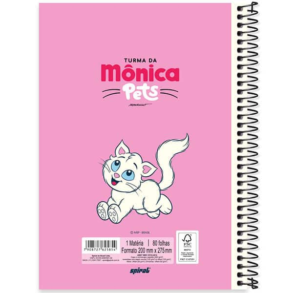 Caderno Universitário Capa Dura, 1 x 1, 80 Folhas, Turma da Mônica Pets, Mingau, 2525854, Spiral Tdp - PT 1 UN