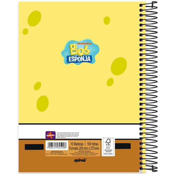 Caderno Universitário Capa Dura, 10 x 1, 160 Folhas, Bob Esponja, 2525908, Spiral Bob - PT 1 UN