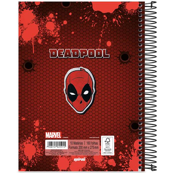 Caderno Universitário Capa Dura, 10 x 1, 160 Folhas, Deadpool, 2525915, Spiral Dea - PT 1 UN