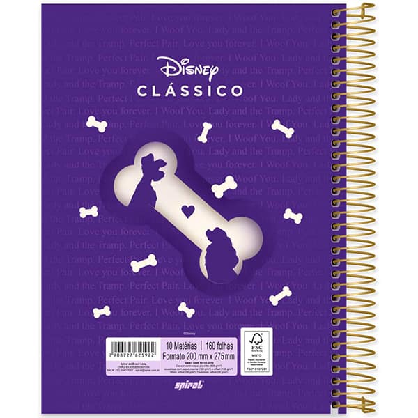 Caderno Universitário Capa Dura, 10 x 1, 160 Folhas, Disney Clássicos, A Dama e o Vagabundo, 2525922, Spiral Cld - PT 1 UN