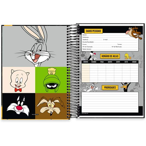 Caderno Universitário Capa Dura, 10 x 1, 160 Folhas, Looney Tunes, Patolino, 2526035, Spiral Lt - PT 1 UN