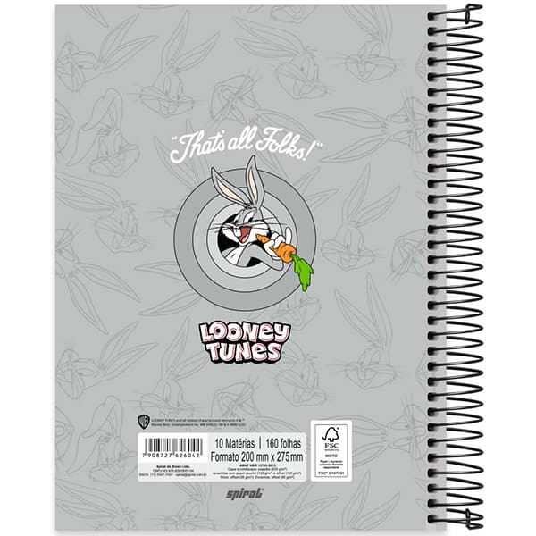 Caderno Universitário Capa Dura, 10 x 1, 160 Folhas, Looney Tunes, Pernalonga, 2526042, Spiral Lt - PT 1 UN