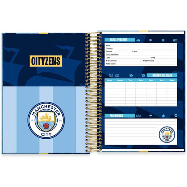 Caderno Universitário Capa Dura, 10 x 1, 160 Folhas, Manchester City, 2526059, Spiral Mc - PT 1 UN