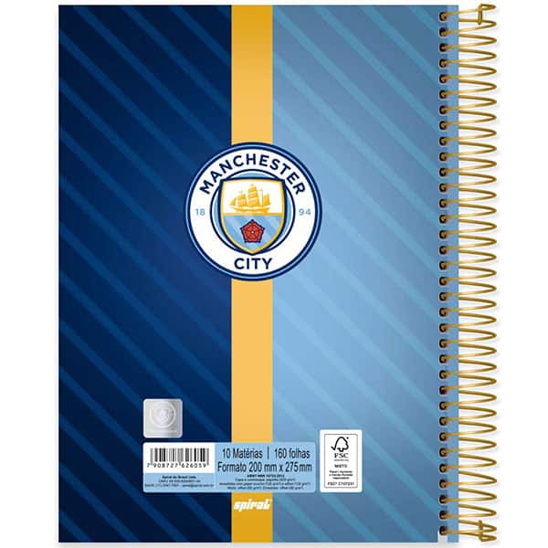 Caderno Universitário Capa Dura, 10 x 1, 160 Folhas, Manchester City, 2526059, Spiral Mc - PT 1 UN