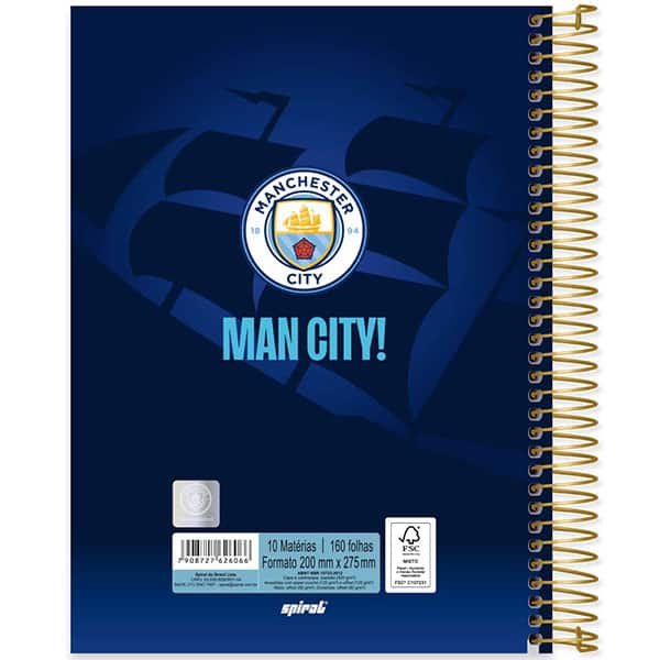 Caderno Universitário Capa Dura, 10 x 1, 160 Folhas, Manchester City, 2526066, Spiral Mc- PT 1 UN