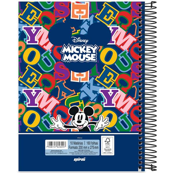 Caderno Universitário Capa Dura, 10 x 1, 160 Folhas, Mickey Clássico, 2526097, Spiral Mk - PT 1 UN