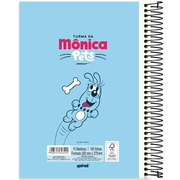 Caderno Universitário Capa Dura, 10 x 1, 160 Folhas, Turma da Mônica Pets, Bidu, 2526202, Spiral Tdp - PT 1 UN