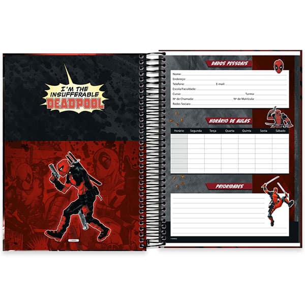 Caderno Universitário Capa Dura, 15 x 1, 240 Folhas, Deadpool, 2526257, Spiral Dea - PT 1 UN