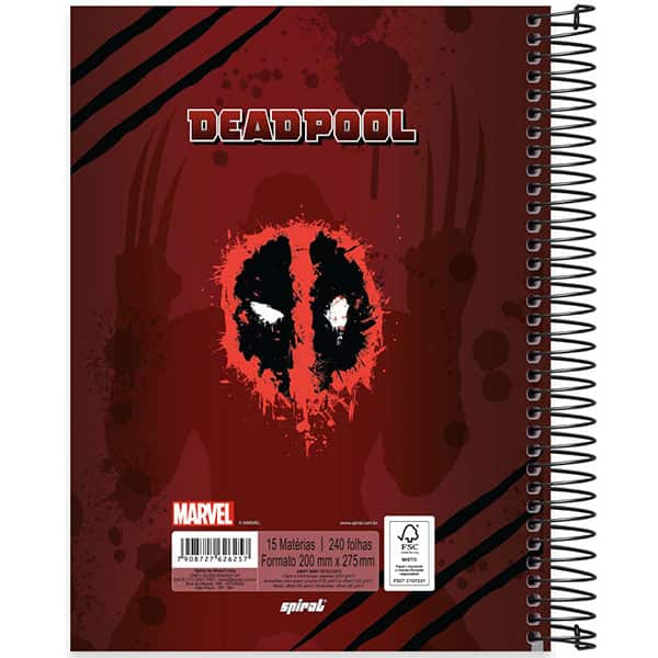 Caderno Universitário Capa Dura, 15 x 1, 240 Folhas, Deadpool, 2526257, Spiral Dea - PT 1 UN