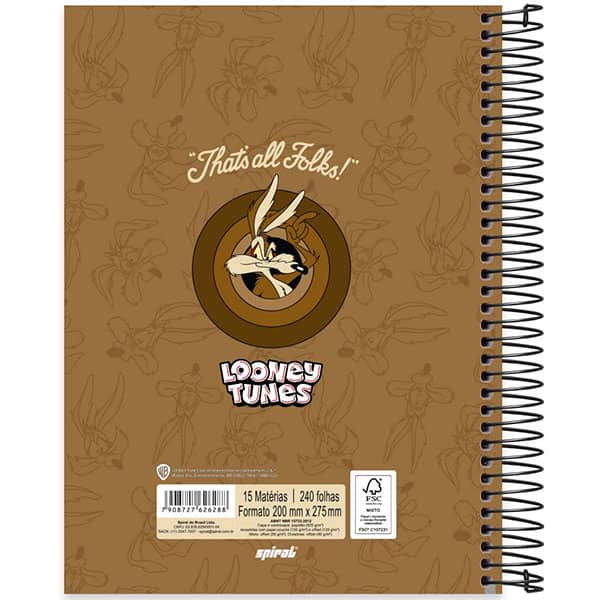 Caderno Universitário Capa Dura, 15 x 1, 240 Folhas, Looney Tunes, Coyote, 2526288, Spiral Lt - PT 1 UN