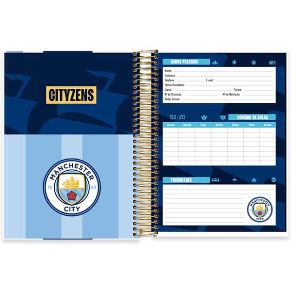 Caderno Universitário Capa Dura, 15 x 1, 240 Folhas, Manchester City, 2526295, Spiral Mc - PT 1 UN