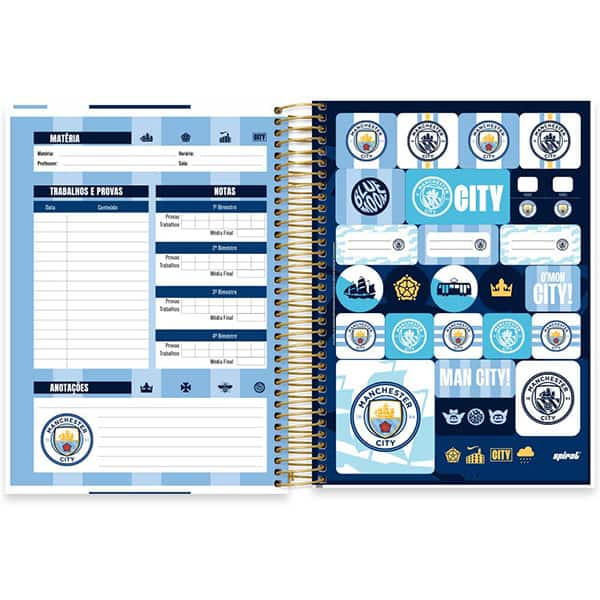 Caderno Universitário Capa Dura, 15 x 1, 240 Folhas, Manchester City, 2526295, Spiral Mc - PT 1 UN