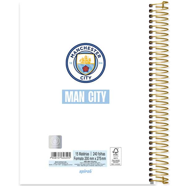 Caderno Universitário Capa Dura, 15 x 1, 240 Folhas, Manchester City, 2526295, Spiral Mc - PT 1 UN