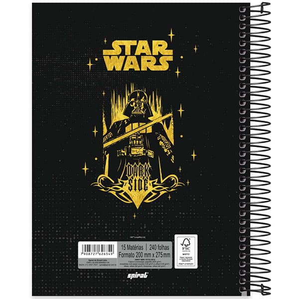 Caderno Universitário Capa Dura, 15 x 1, 240 Folhas, Star Wars, Darth Vader, 2526349, Spiral Starw - PT 1 UN