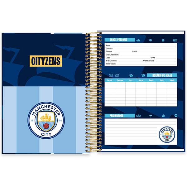 Caderno Universitário Capa Dura, 20 x 1, 320 Folhas, Manchester CIty, 2526400, Spiral Mc - PT 1 UN