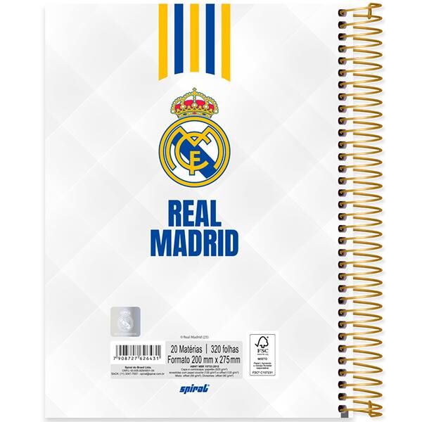 Caderno Universitário Capa Dura, 20 x 1, 320 Folhas, Real Madrid PT 1 UN