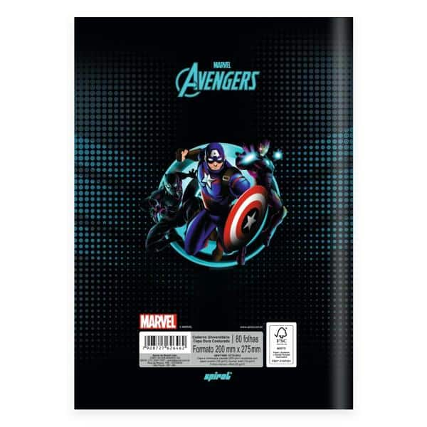 Caderno Universitário Capa Dura Brochura Costurado 80 Folhas Avengers Spiral - PT 1 UN