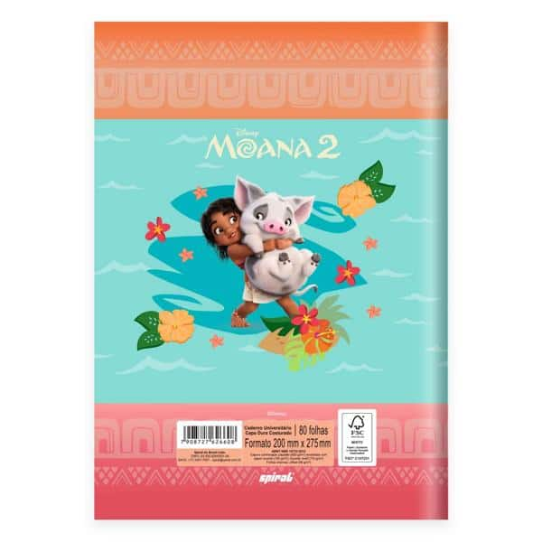 Caderno Universitário Capa Dura Brochura Costurado 80 Folhas Moana Spiral - PT 1 UN