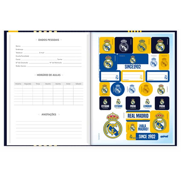 Caderno Universitário Capa Dura Brochura Costurado 80 Folhas Real Madrid Spiral - PT 1 UN