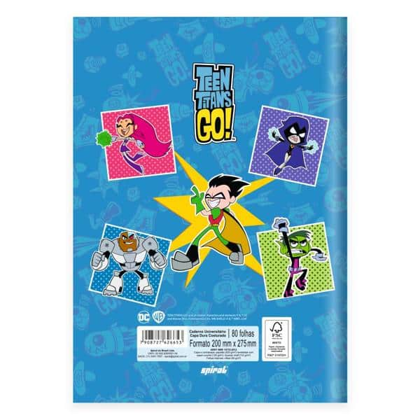 Caderno Universitário Capa Dura Brochura Costurado 80 Folhas Titans Go Spiral - PT 1 UN