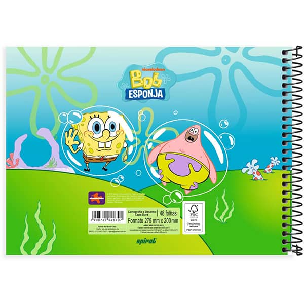 Caderno Cartografia e Desenho Capa Dura 48 Folhas, Bob Esponja, 2526707, Spiral Bob - PT 1 UN