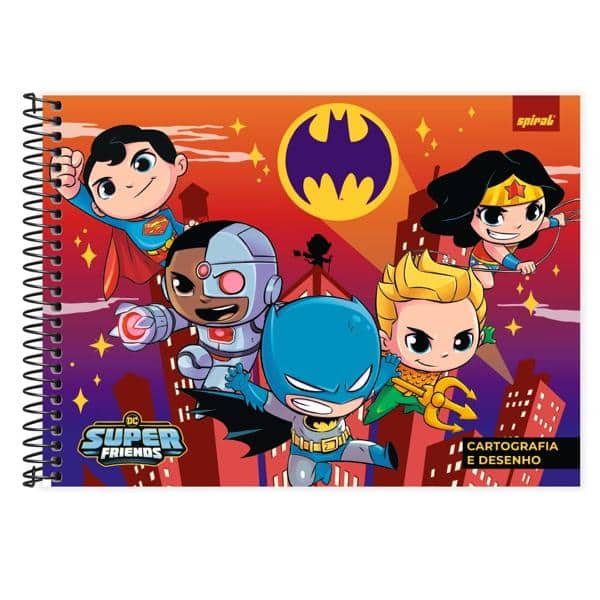 Caderno Cartografia e Desenho Capa Dura 48 Folhas, Super Friends, 2526714, Spiral Dcf - PT 1 UN