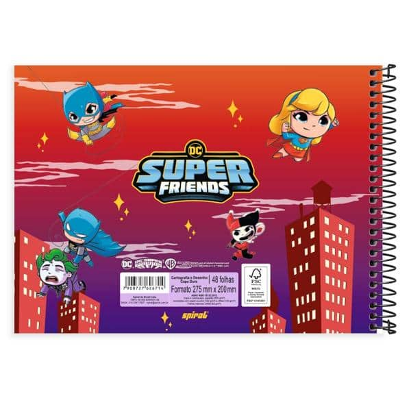 Caderno Cartografia e Desenho Capa Dura 48 Folhas, Super Friends, 2526714, Spiral Dcf - PT 1 UN