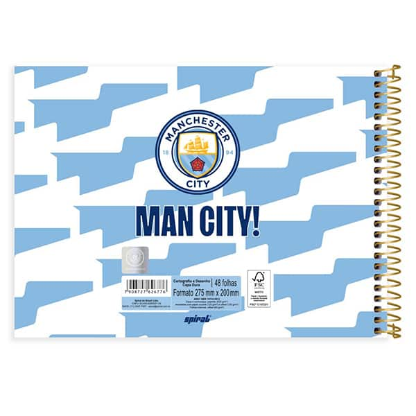 Caderno Cartografia e Desenho Capa Dura 48 Folhas, Manchester City, 2526776, Spiral Mc - PT 1 UN