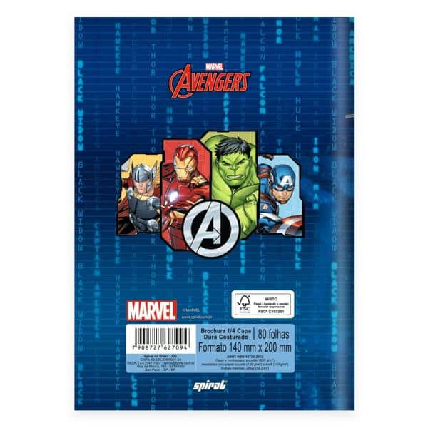 Caderno 1/4 costurado capa dura, 1 matéria, 80 folhas, Avengers, 2527094, Spiral Av - PT 1 UN