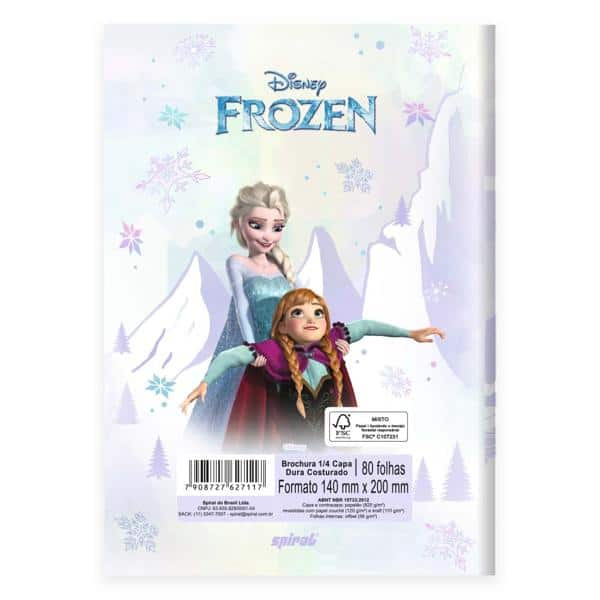 Caderno 1/4 costurado Capa Dura 1 matéria 80 Folhas Frozen Disney Spiral - PT 1 UN