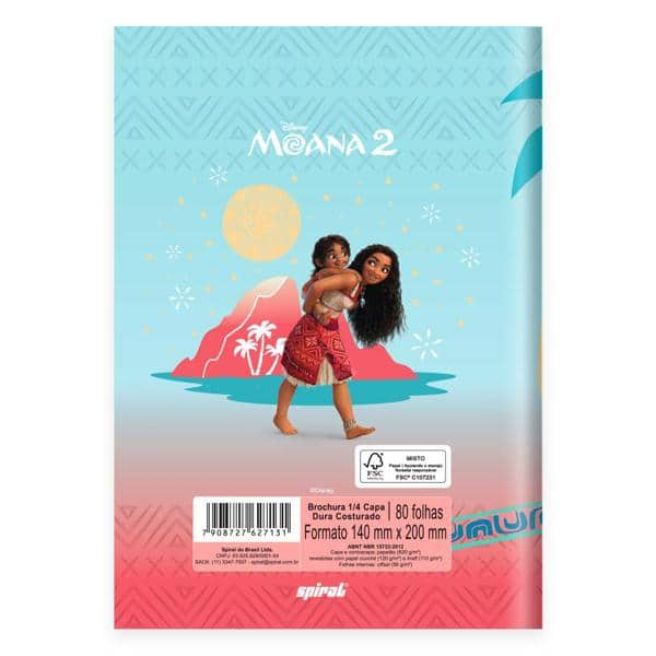 Caderno 1/4 costurado Capa Dura 1 matéria 80 Folhas, Moana Disney, Spiral Moa - PT 1 UN