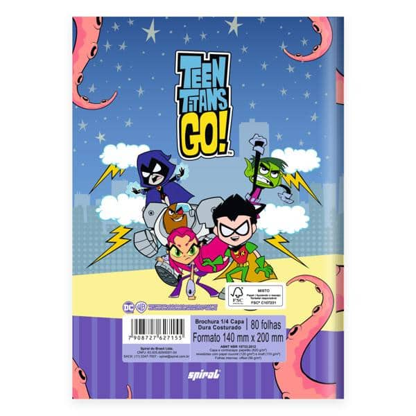 Caderno 1/4 costurado capa dura, 1 matéria, 80 folhas, Teen Titans Go, 2527155, Spiral Ttg - PT 1 UN