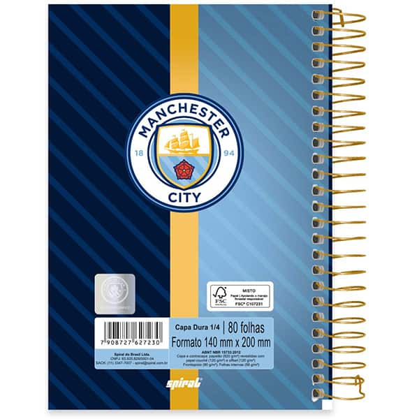 Caderno 1/4 espiral capa dura, 1 matéria, 80 folhas, Manchester City, 2527230, Spiral Mc - PT 1 UN