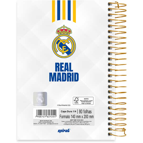 Caderno 1/4 espiral capa dura, 1 matéria, 80 folhas, Real Madrid, 2527254, Spiral Rea - PT 1 UN