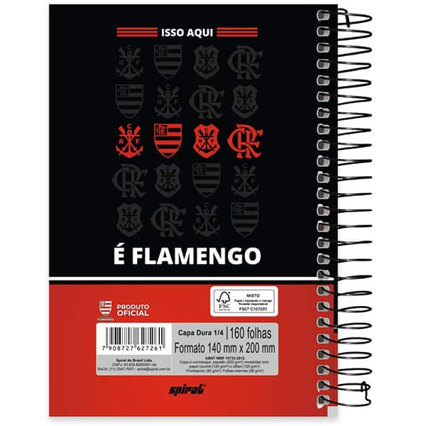 Caderno 1/4 espiral capa dura, 160 folhas, Flamengo, 2527261, Spiral Fla - PT 1 UN