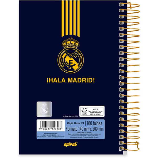 Caderno 1/4 espiral capa dura, 160 folhas, Real Madrid, 2527285, Spiral Rea - PT 1 UN