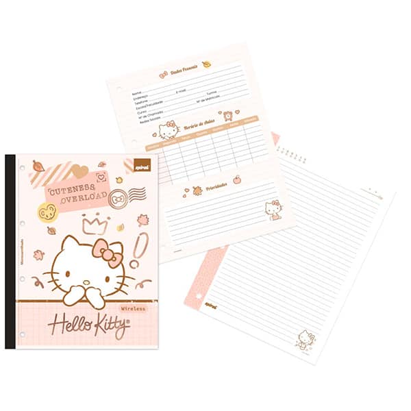 Caderno Universitário Wireless com Folhas Coladas, 1 x 1, 80 Folhas, Hello Kitty, 2513752, Spiral Hki - PT 1 UN