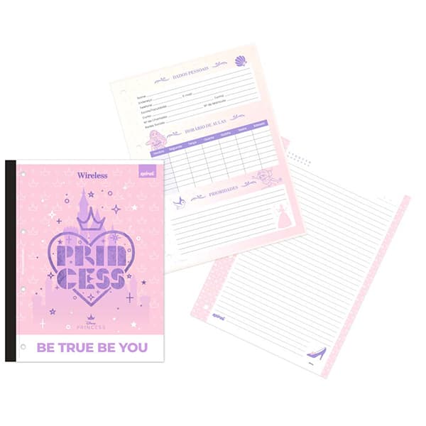 Caderno Universitário Wireless com Folhas Coladas 1x1 80 Folhas, Princesas Disney, Spiral Pn - PT 1 UN