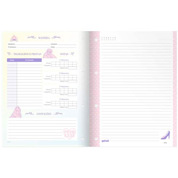 Caderno Universitário Wireless com Folhas Coladas 1x1 80 Folhas, Princesas Disney, Spiral Pn - PT 1 UN