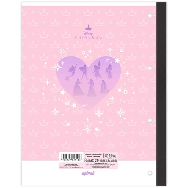 Caderno Universitário Wireless com Folhas Coladas 1x1 80 Folhas, Princesas Disney, Spiral Pn - PT 1 UN