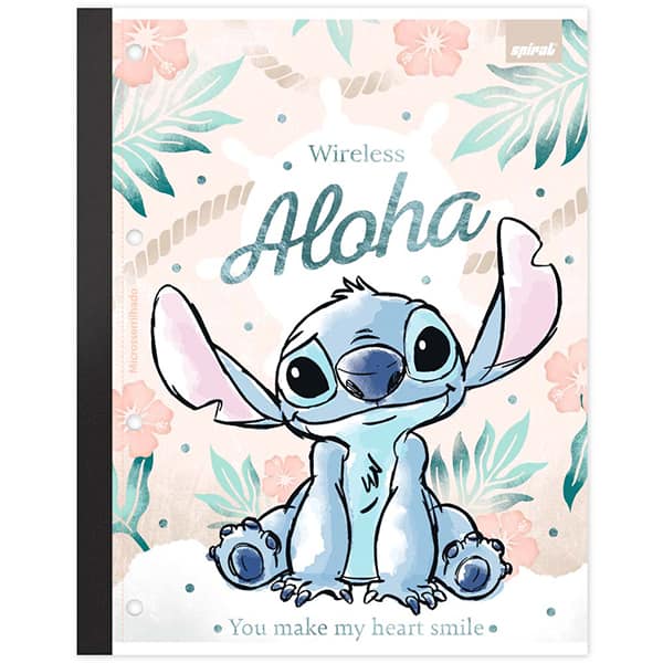 Caderno Universitário Wireless com Folhas Coladas 1x1 80 Folhas Stitch Disney Spiral - PT 1 UN