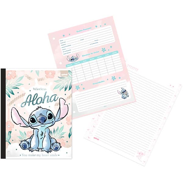 Caderno Universitário Wireless com Folhas Coladas 1x1 80 Folhas Stitch Disney Spiral - PT 1 UN