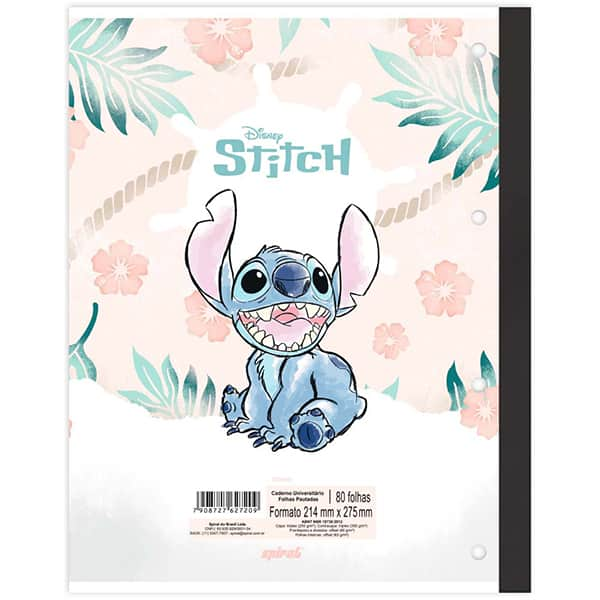 Caderno Universitário Wireless com Folhas Coladas 1x1 80 Folhas Stitch Disney Spiral - PT 1 UN